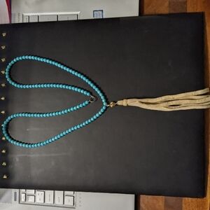 Turquoise Blue Bead Pyrite Chunk Suede Leather Tassel Long Statement Necklace